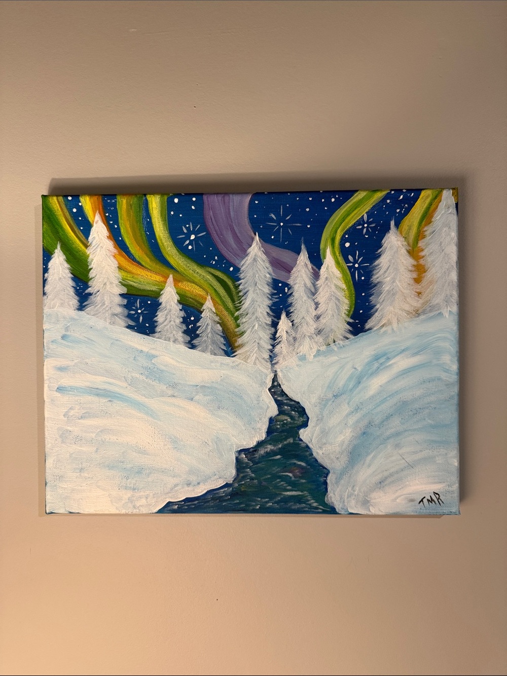 Hand-Painted Winter Aurora Canvas Wall Art - Blue, Green, Purple